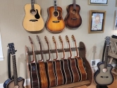 acoustic guitars hanging from and leaning against the wall