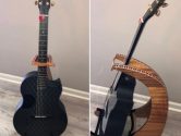 composite guitar in wood guitar stand, seen from two angles