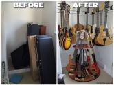 before and after of a closet space with guitars