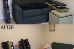 before and after showing guitars on a couch