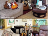 before and after pics of a living room filled with guitars