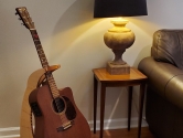 brown martin in a stand next to a lamp and end table