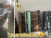 Before and after pics of guitar cases on the ground, then in racks along a wall