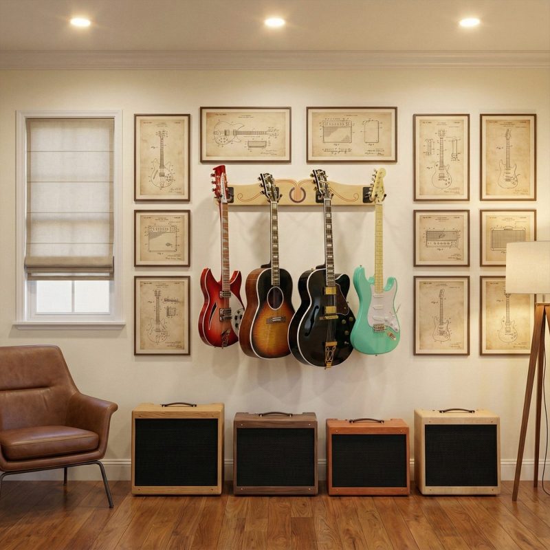 4 guitar wall mount in living room, hung above 4 amplifiers