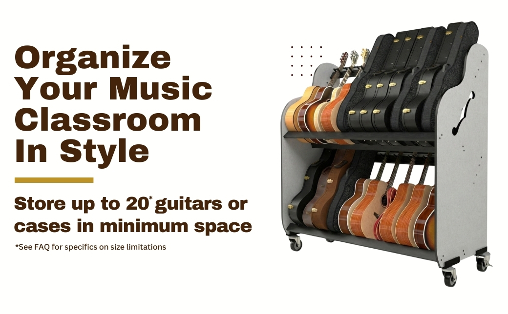 rack holding acoustic guitars and cases
