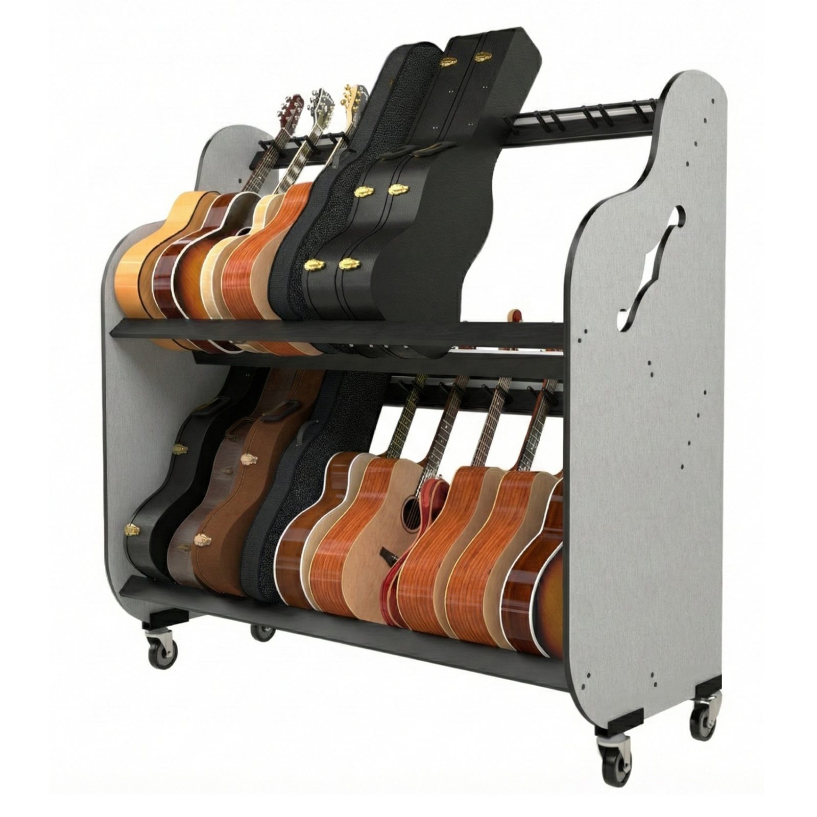 Angled Acoustic Guitar and Case Rack, partially full