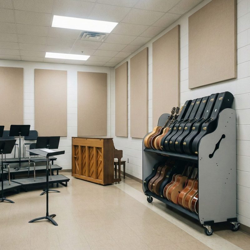 Guitar shelves against the wall in a classroom with risers and a piano