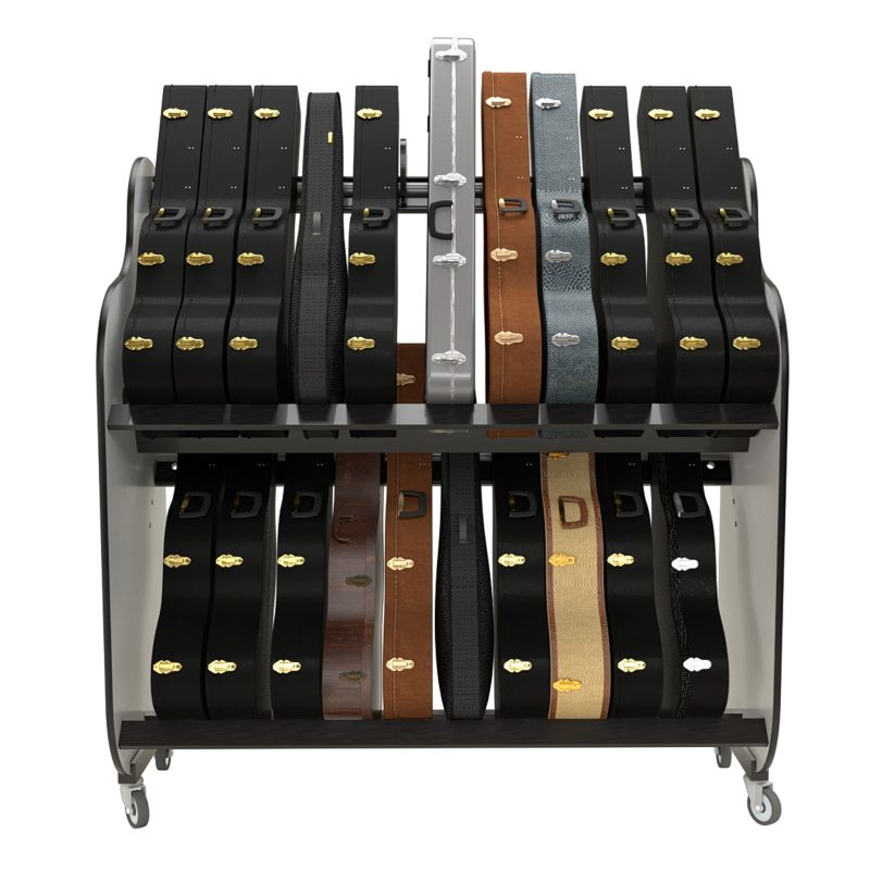 Acoustic guitar cases in a two-tiered cart
