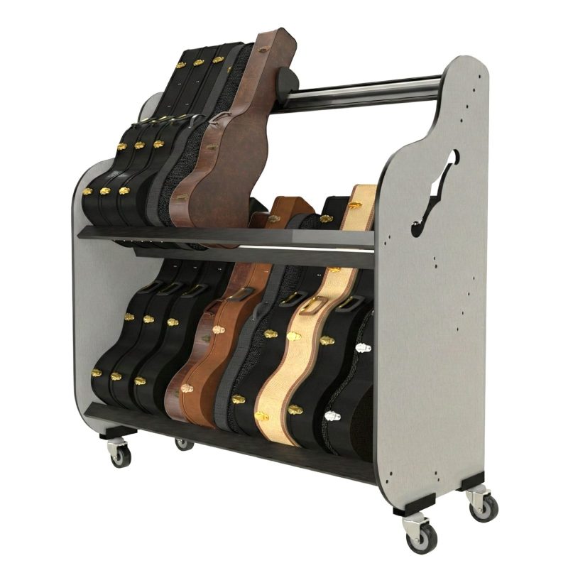 Partially full acoustic guitar case shelf rack