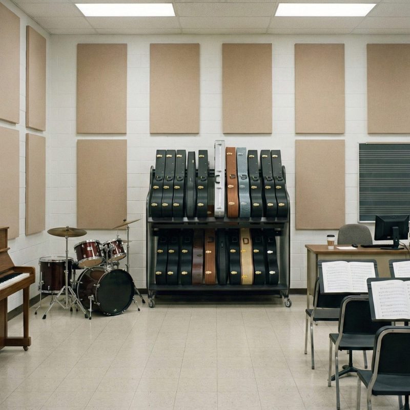 Acoustic guitar cases on shelves in the back of a music classroom