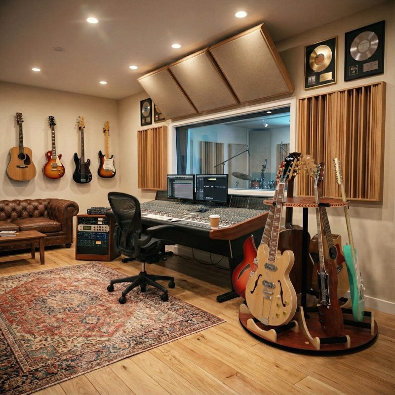 Rotating 6-guitar stand in a recording studio next to a sound console