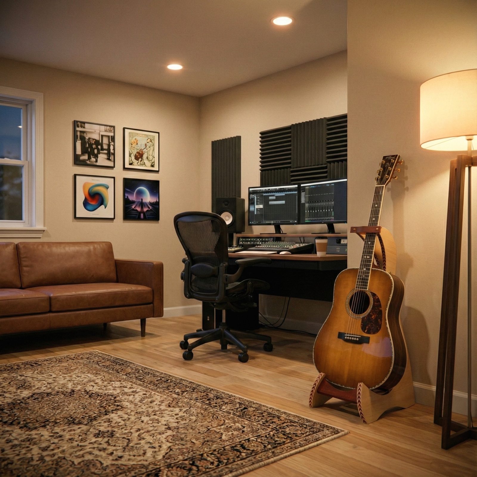 wood guitar stand holding an acoustic guitar, in a home recording studio