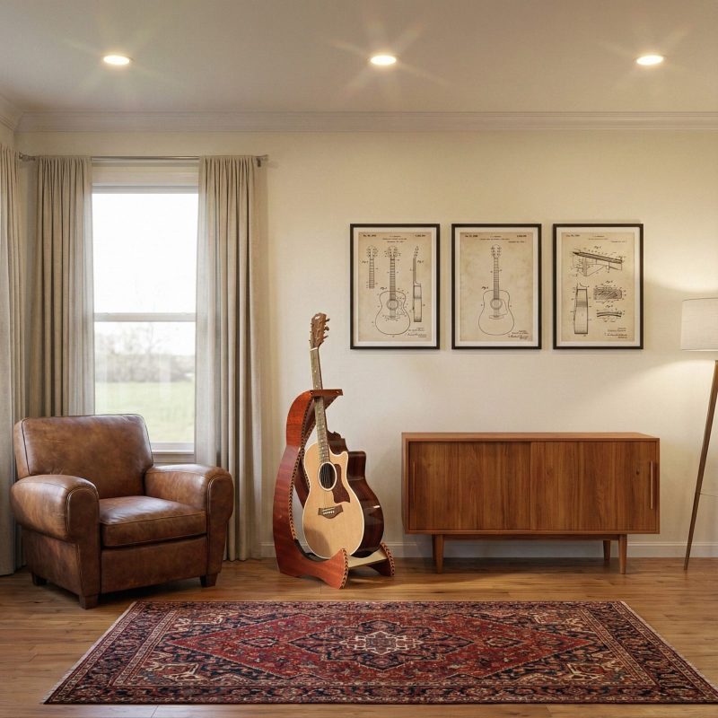 Wood guitar stand in living room next to a leather chair and teak credenza