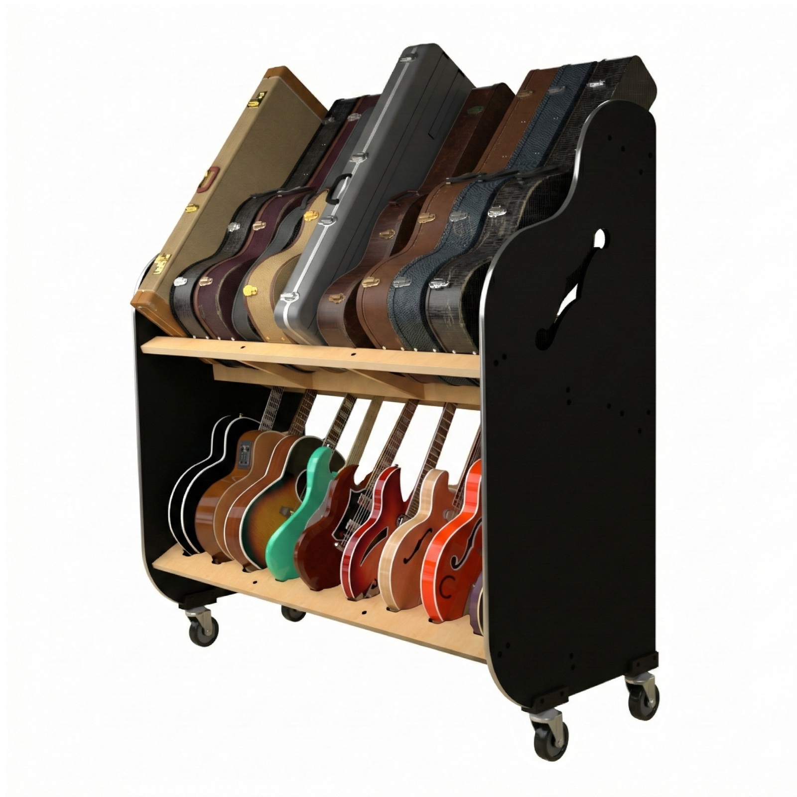 Side view of a very large guitar cart holding cases and instruments