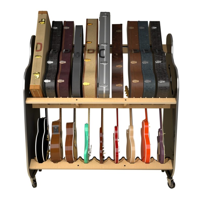 Front view of a very large guitar cart holding cases and instruments