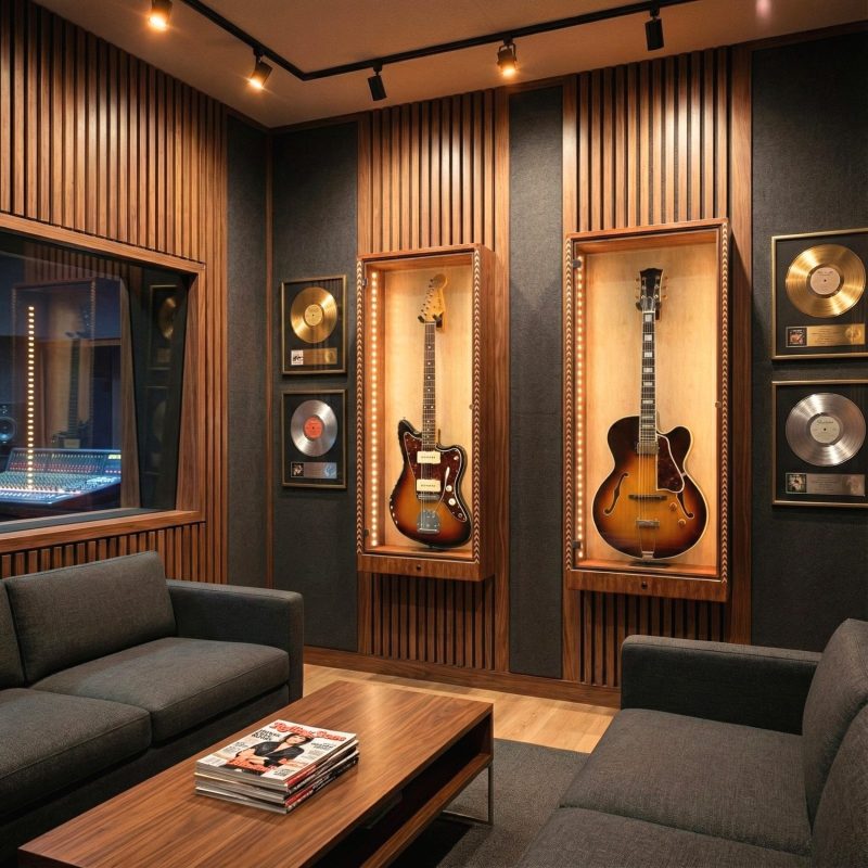 Two guitars in L.E.D. display cases in a recording studio lobby