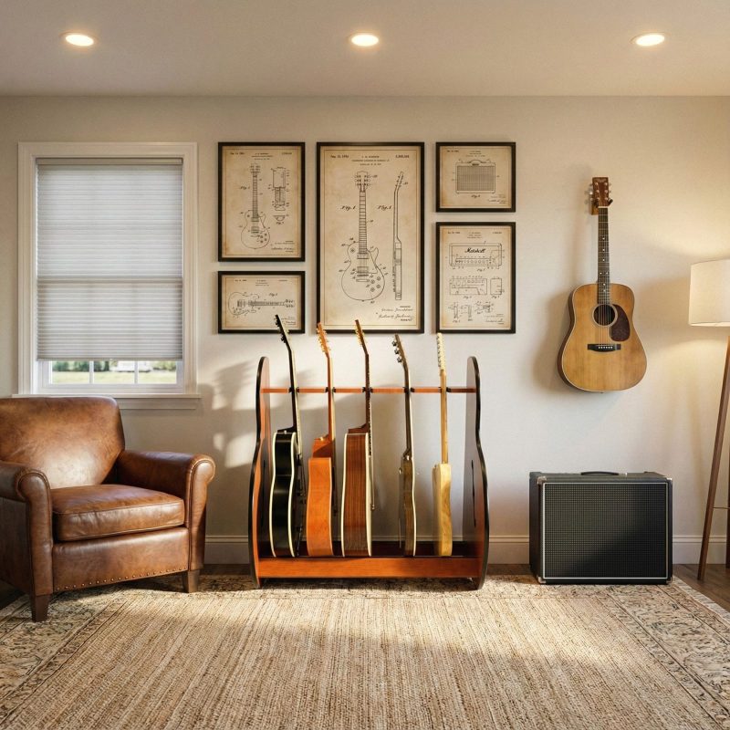 5 guitar stand, made of wood, against the wall in a contemporary living room