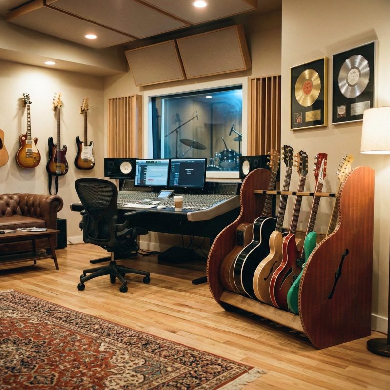 Mahogany guitar stand in recording studio next to lamp and console