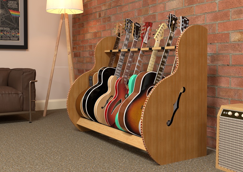 angled shot of a wood guitar rack against a brick wall, next to an amp