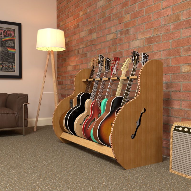 wooden 7 guitar stand with on carpet, next to amp and brick wall