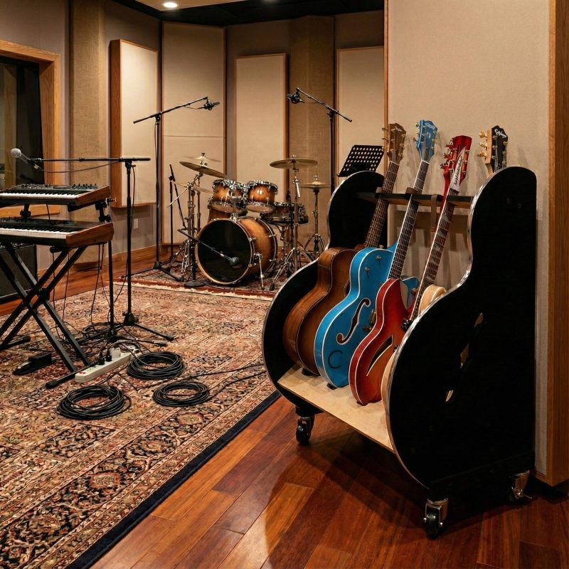 4 guitar rack with wheels, in a recording studio along with keyboard and drumset