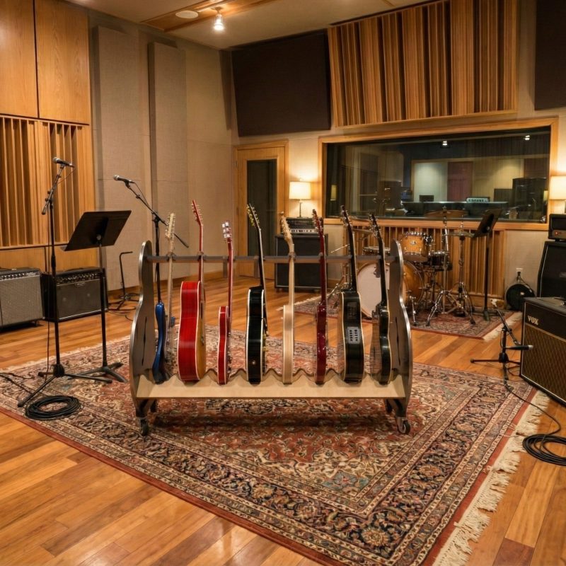 An 8 guitar stand on wheels, placed on an oriental carpet, in the center of a recording studio