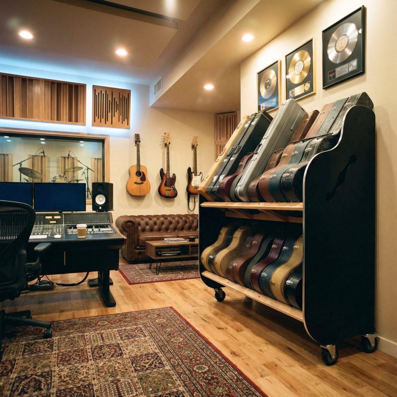 Guitar cases stored on shelves in a recording studio