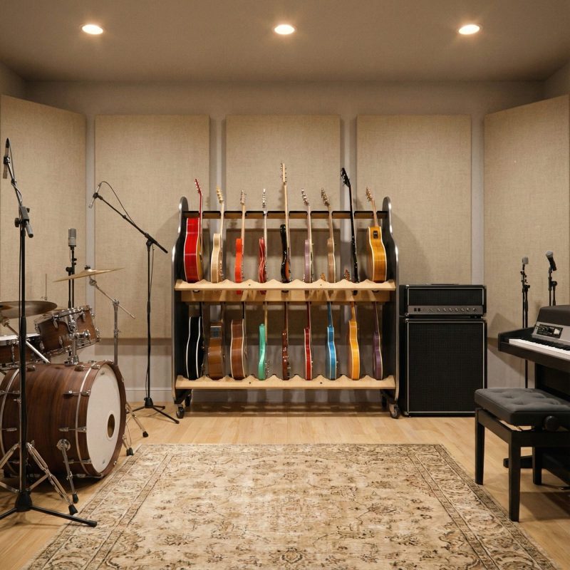 Guitar shelves in the live room of a professional recording studio