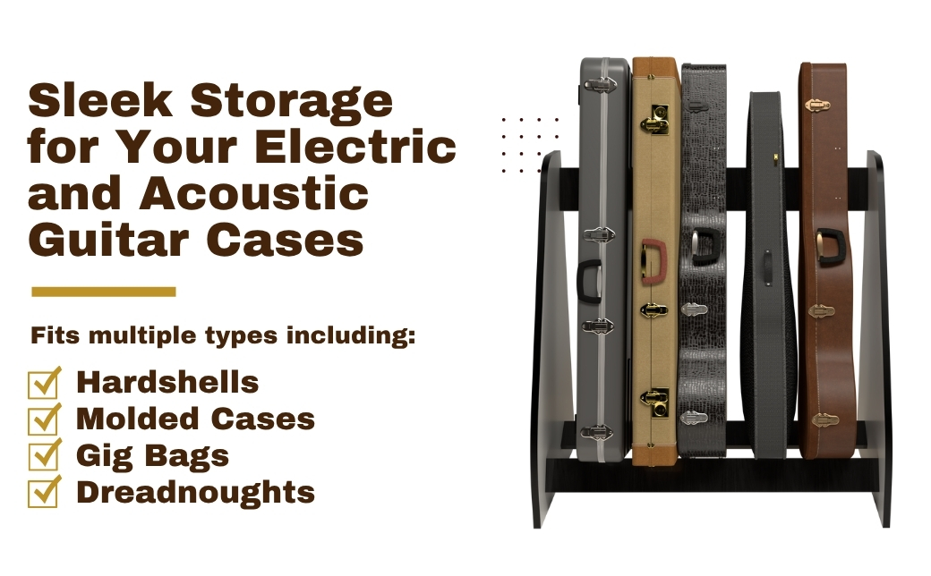 features list next to Studio Harmony guitar case rack
