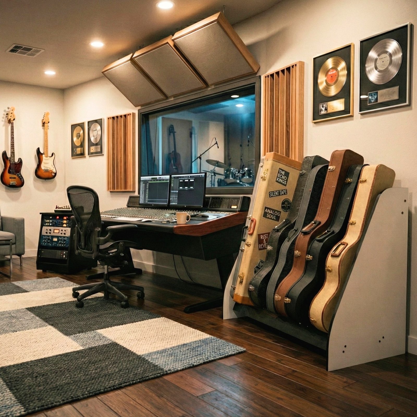Modern guitar case rack, against the wall, in a recording studio