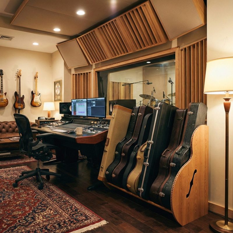 Guitar case rack, with red oak sides, next to lamp and desk in a recording studio