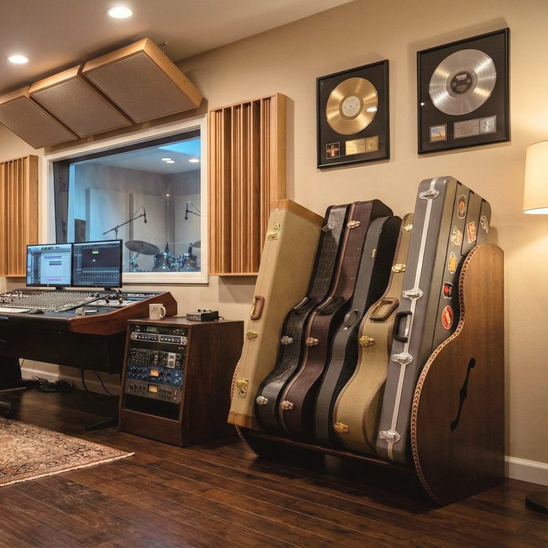 Guitar Case Rack with Walnut sides in a recording studio, next to a sound console and lamp