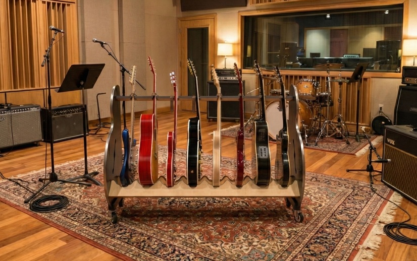 An 8 guitar stand with wheels, placed in on a carpet in the center of a recording studio