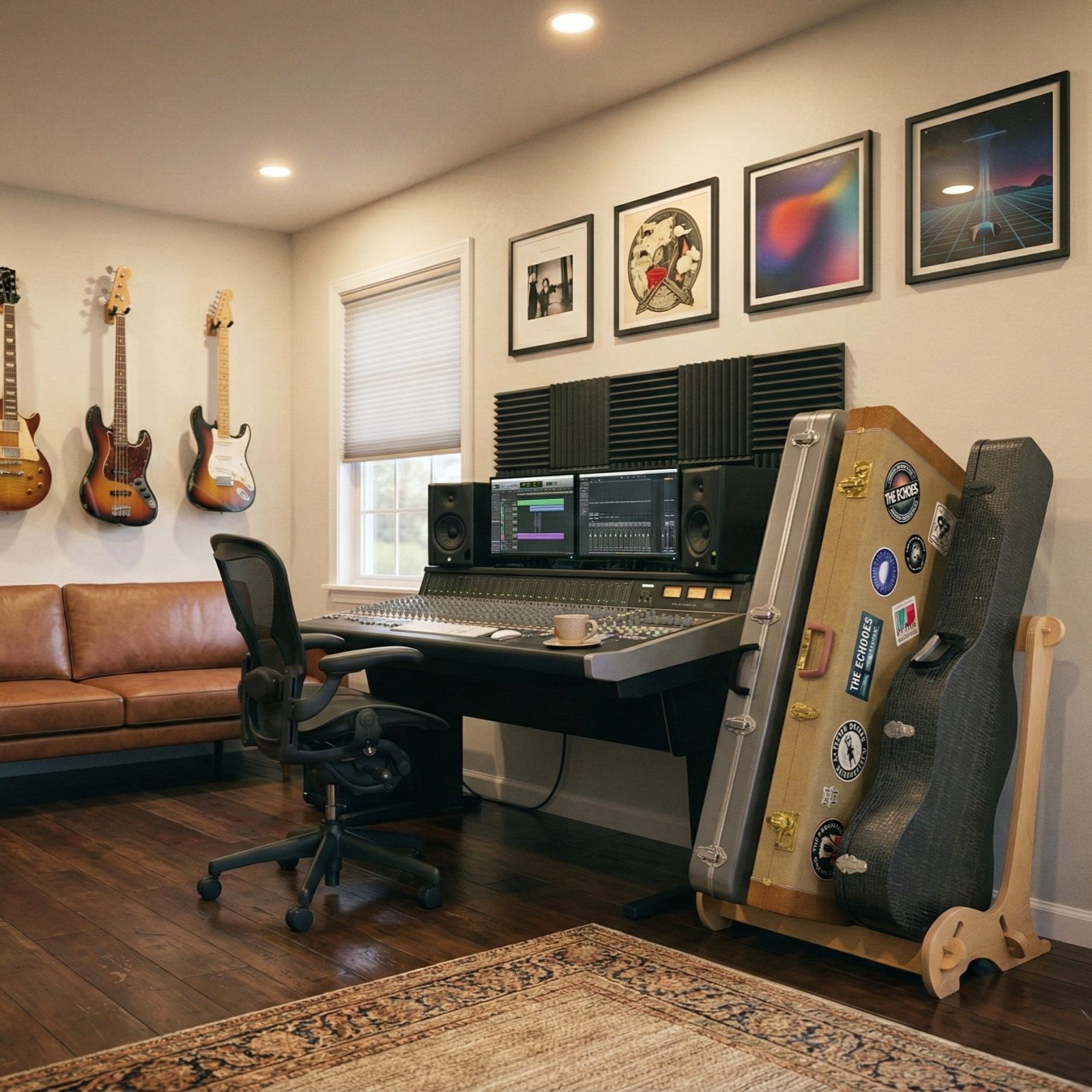 Wood 3 guitar case rack in home recording studio