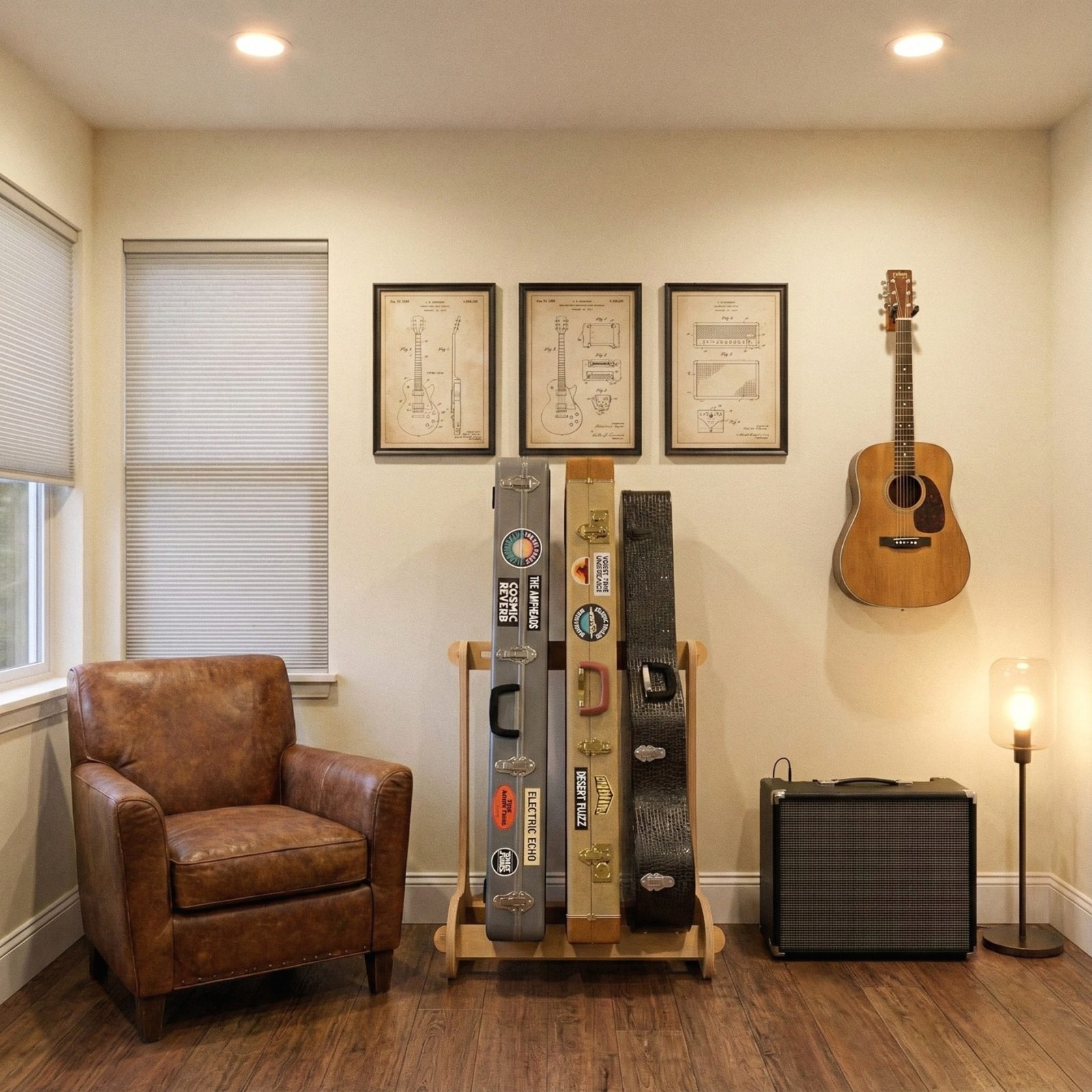 Wood 3 guitar case stand in living room next to chair, lamp and amplifier