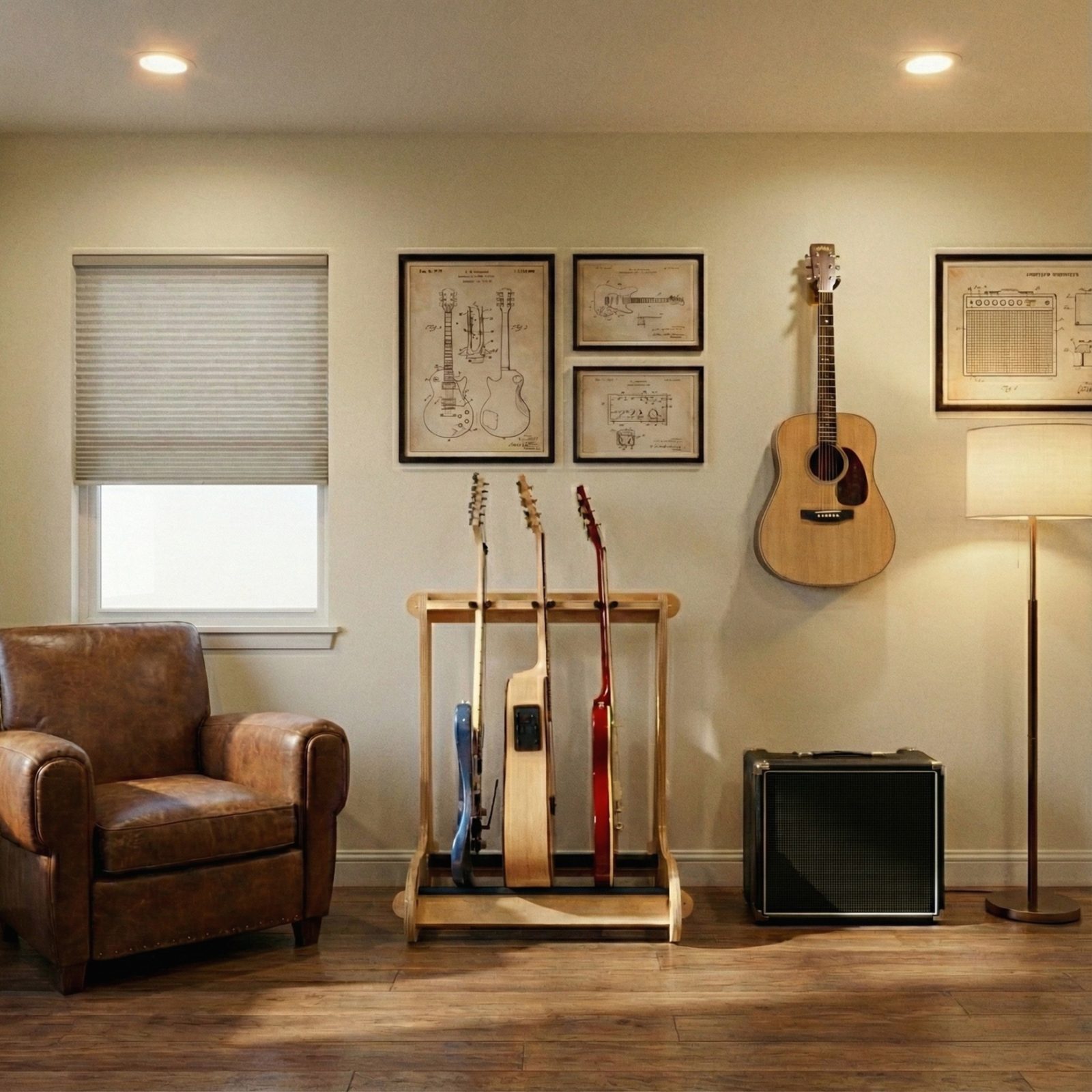 Wood 3 guitar rack in living room next to chair, lamp and amplifier