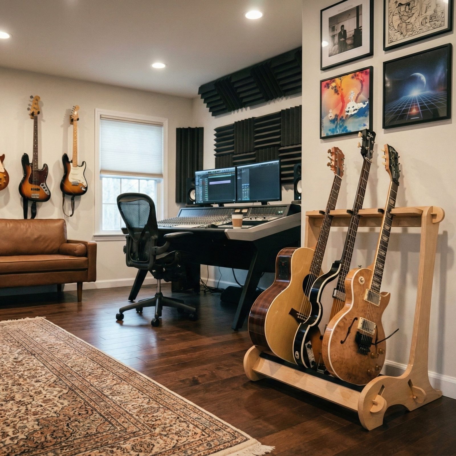 Wooden 3 guitar stand in home recording studio