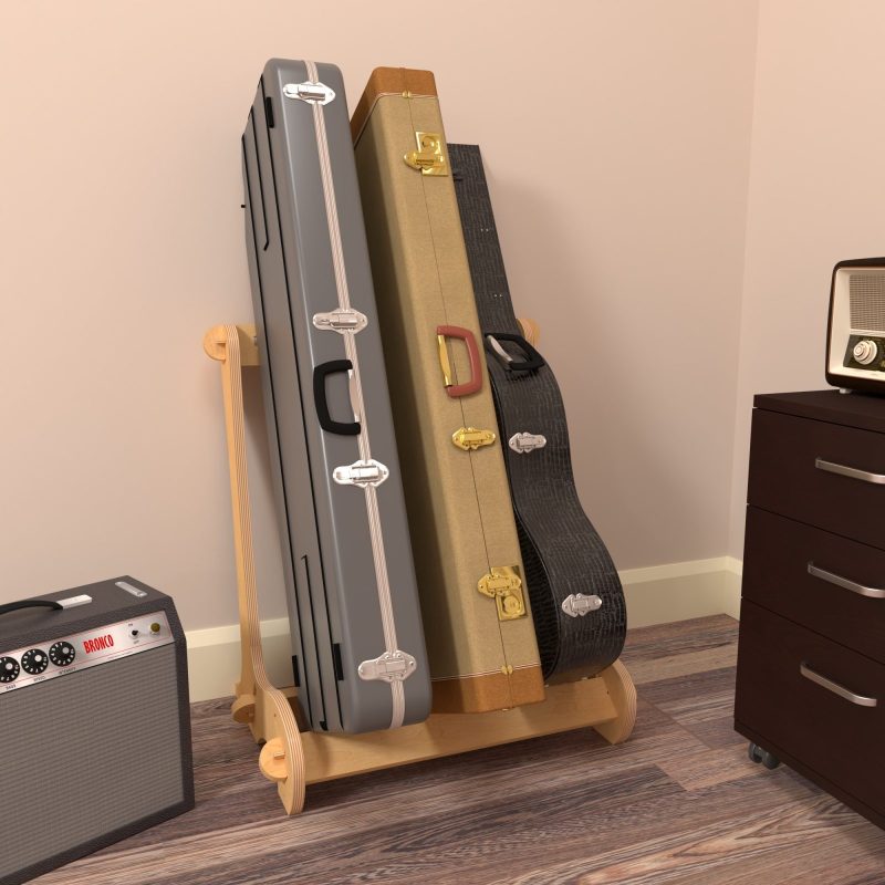 3 guitar case stand, on a wooden floor, next to an amplifier