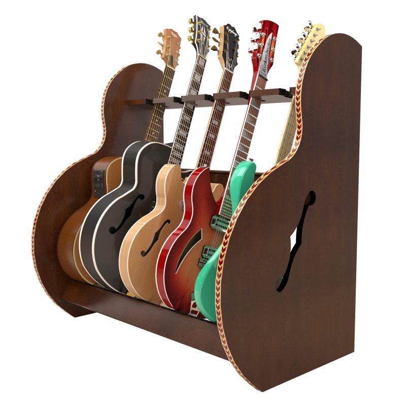 side view of walnut stand holding 7 guitars