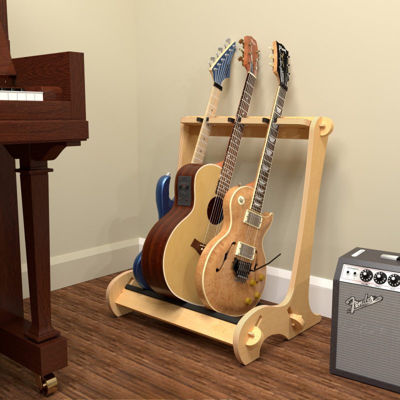 Wooden 3 Guitar Stand Next to Amplifier and Piano