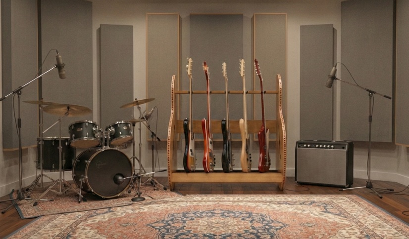 wood rack full of bass guitars in the recording studio next to amplifiers