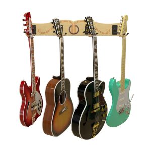 4 guitars hanging from wooden wall mount