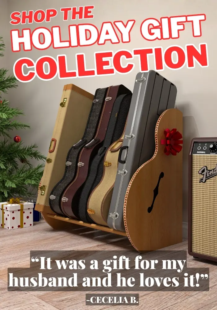 wooden guitar case rack with a red box and holiday promo text