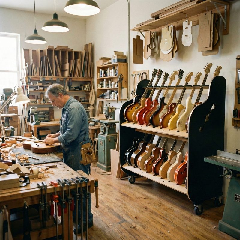 A guitar luthier's workshop featuring a workbench and guitar shelves