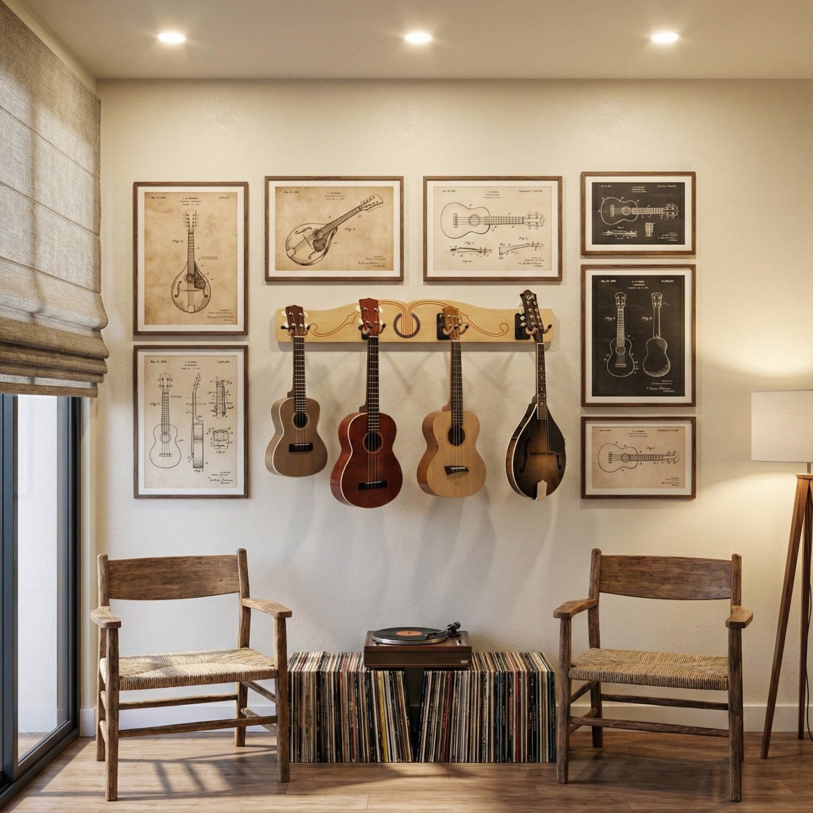 mandolins and ukuleles hanging in a home music room above 2 chairs and a record collection