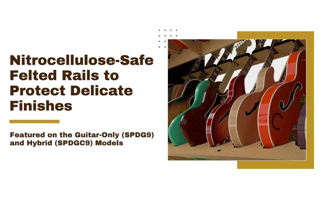 guitar bodies and necks resting on rails with black wool lining