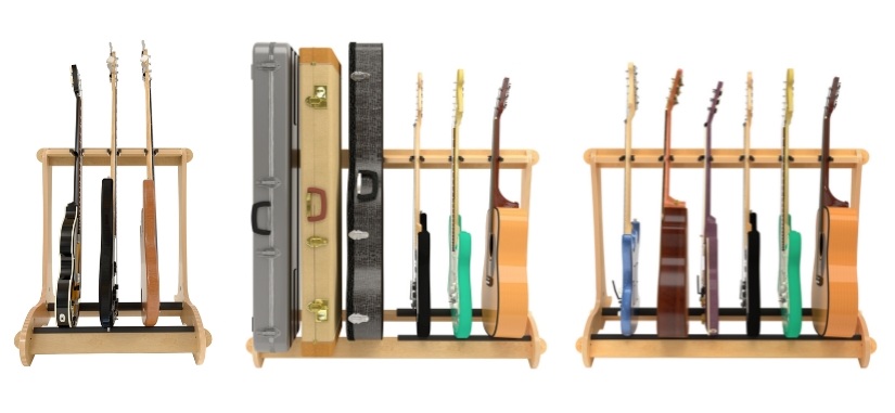 side-by-side images of nitro-safe wooden guitar stands