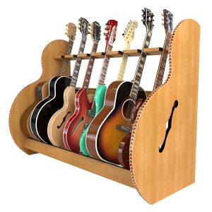 side view of red oak stand holding 7 guitars