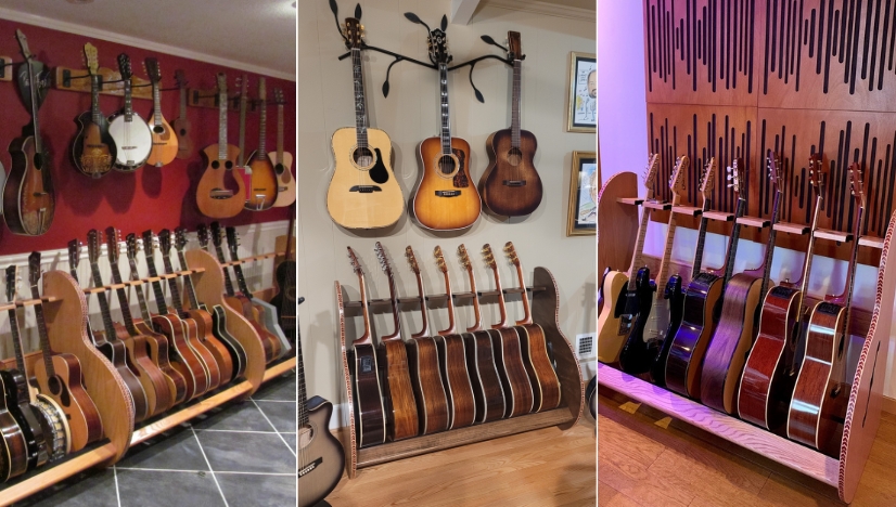 side-by-side photos of multiple guitar stands