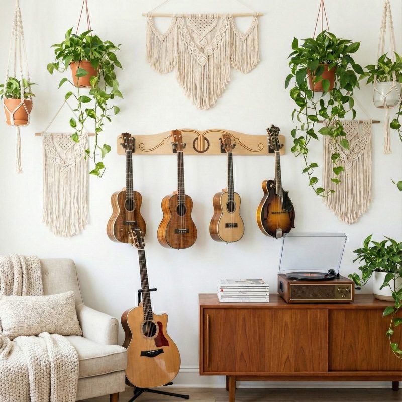 ukuleles hung from the wall in a sunroom